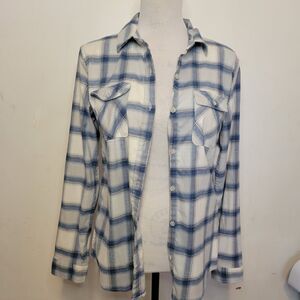 Eddie Bauer Women’s M Blue White Plaid Button Front Shirt Long Sleeve Flannel...
